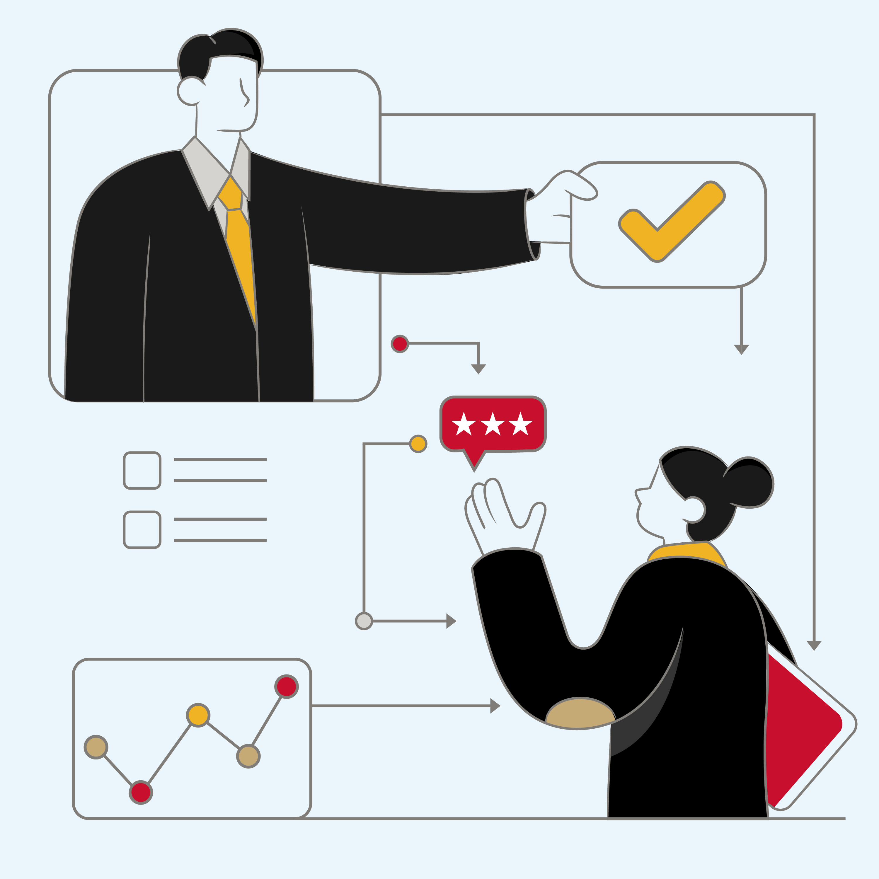 Bailey Brand Customer Centric Illustration of person holding checkmark and communicating with another person with data and graph illustrations surrounding them