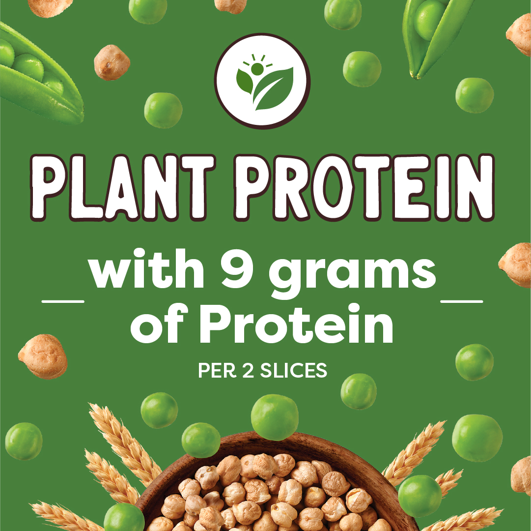 Grains Almighty Social Image Showing Peas and Grains and Says "Plant Protein with 9 grams of Protein Per 2 Slices"
