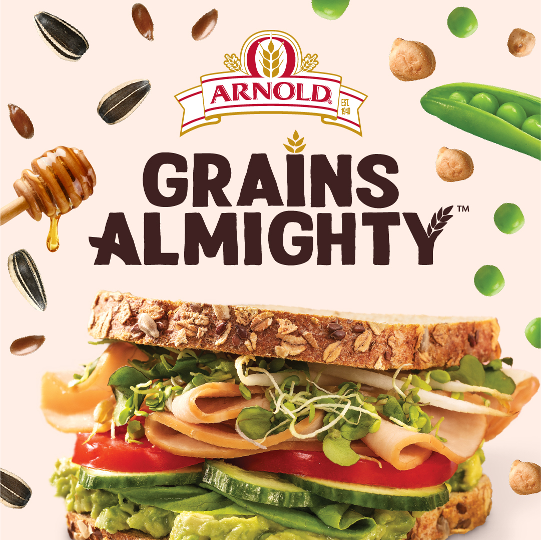 Grains Almighty Social Image Showing Peas and Grainsand Honey Sticks and Seeds along with the Arnold Logo and Says "Grains Almighty"