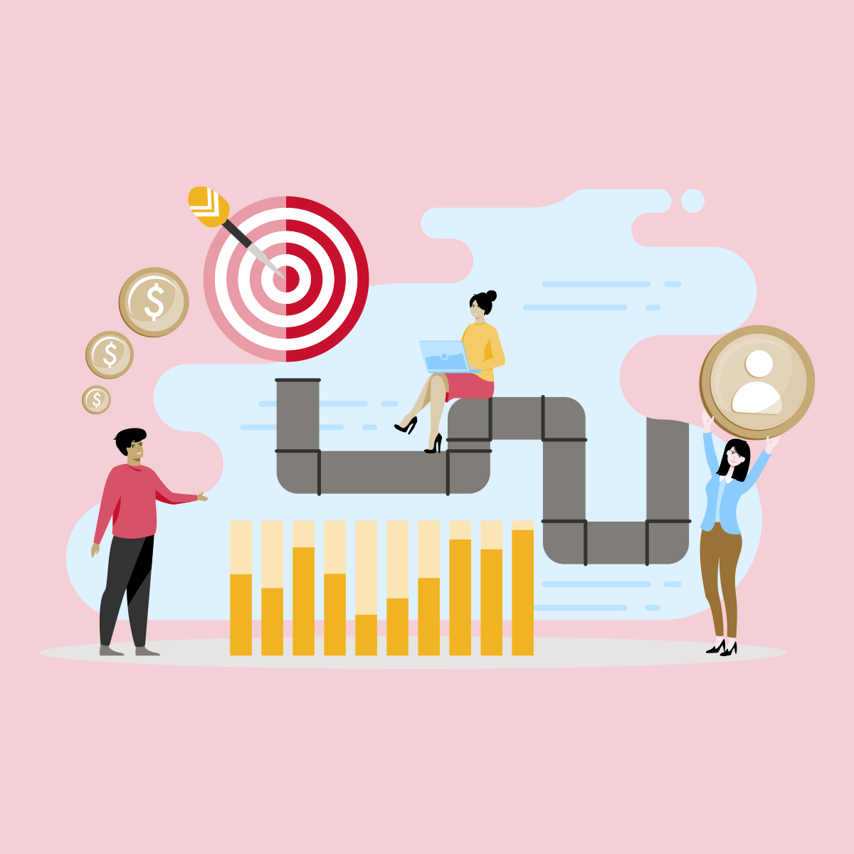 Bailey Brand Consulting Demand Generation Illustration of 3 people standing by a bar chart, a target, coins, and a pipe while on digital devices