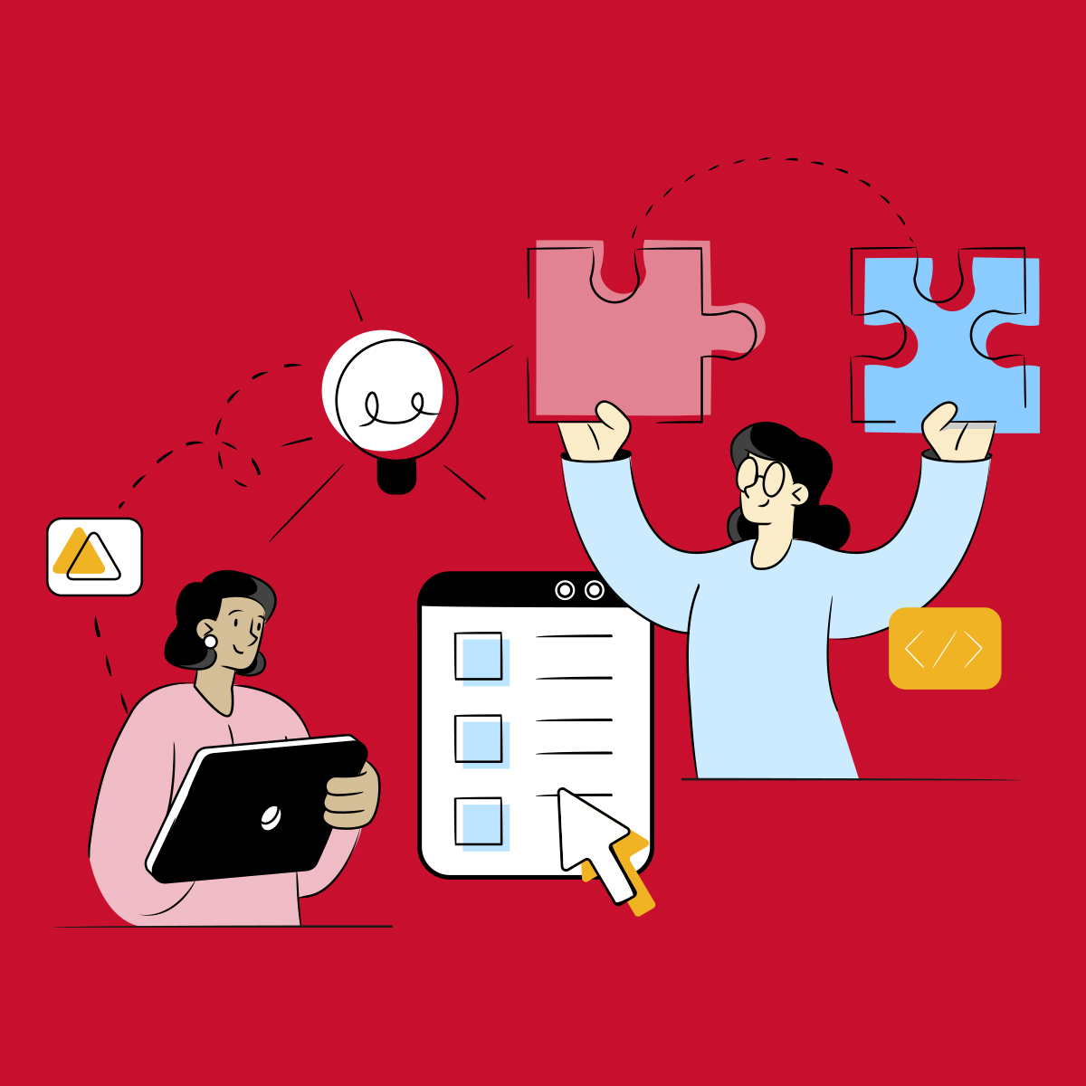 Bailey Brand Consulting User Experience Illustration of 2 humans facing one another with one human holding a tablet and the other holding puzzle pieces