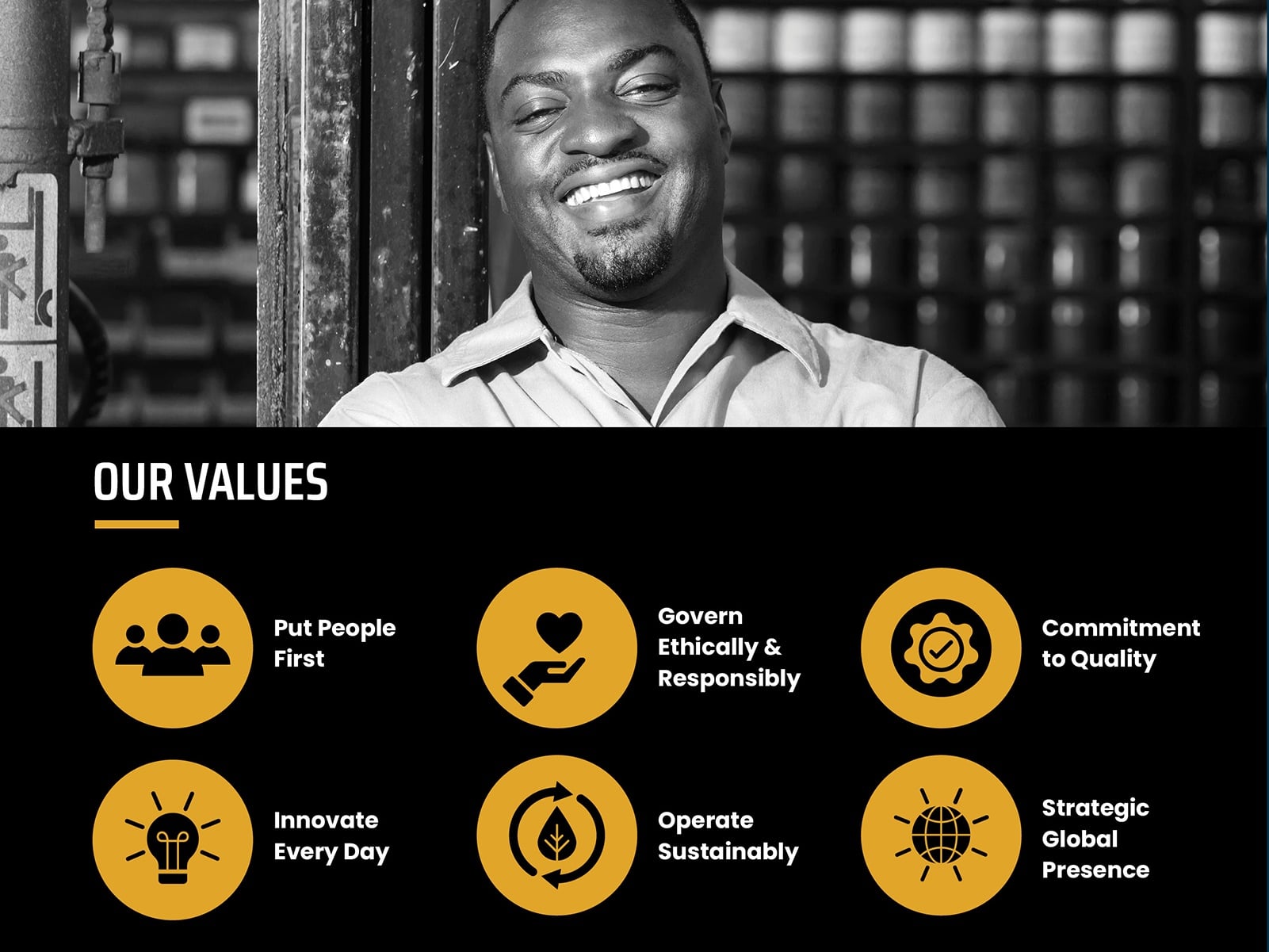 Insert from the annual report featuring a man smiling and the company values