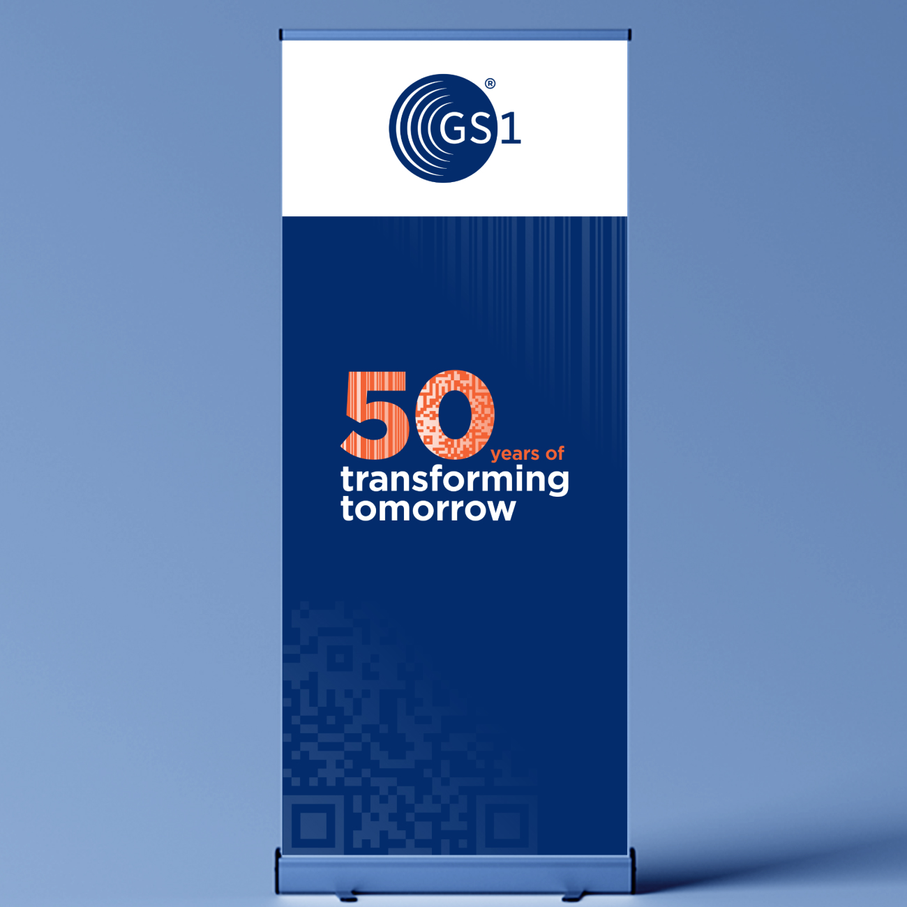 Design of GS1 banner design mockup showing text that says 50 years of transforming tomorrow