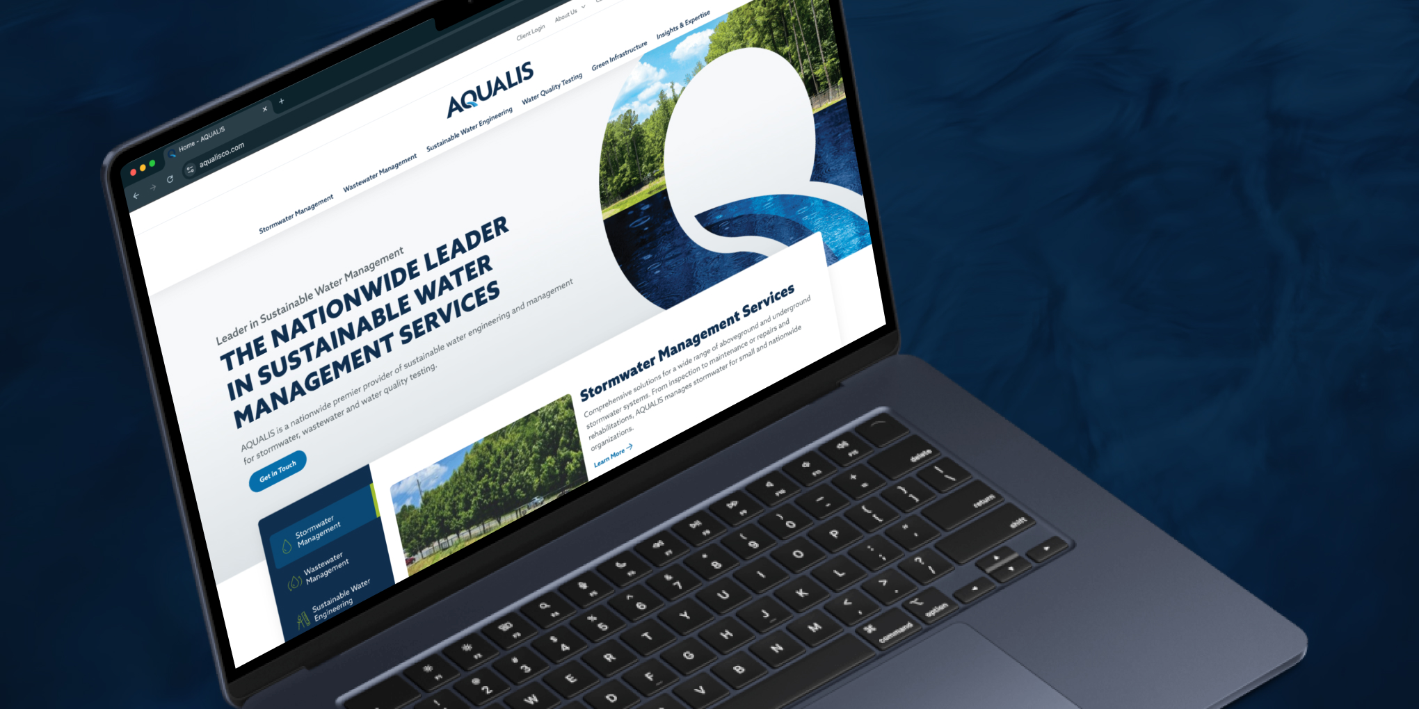 bailey-brand-consulting-aqualis-work-article-asset-1 Bailey Brand Consulting AQUALIS mockup of website homepage on laptop on top of water background texture
