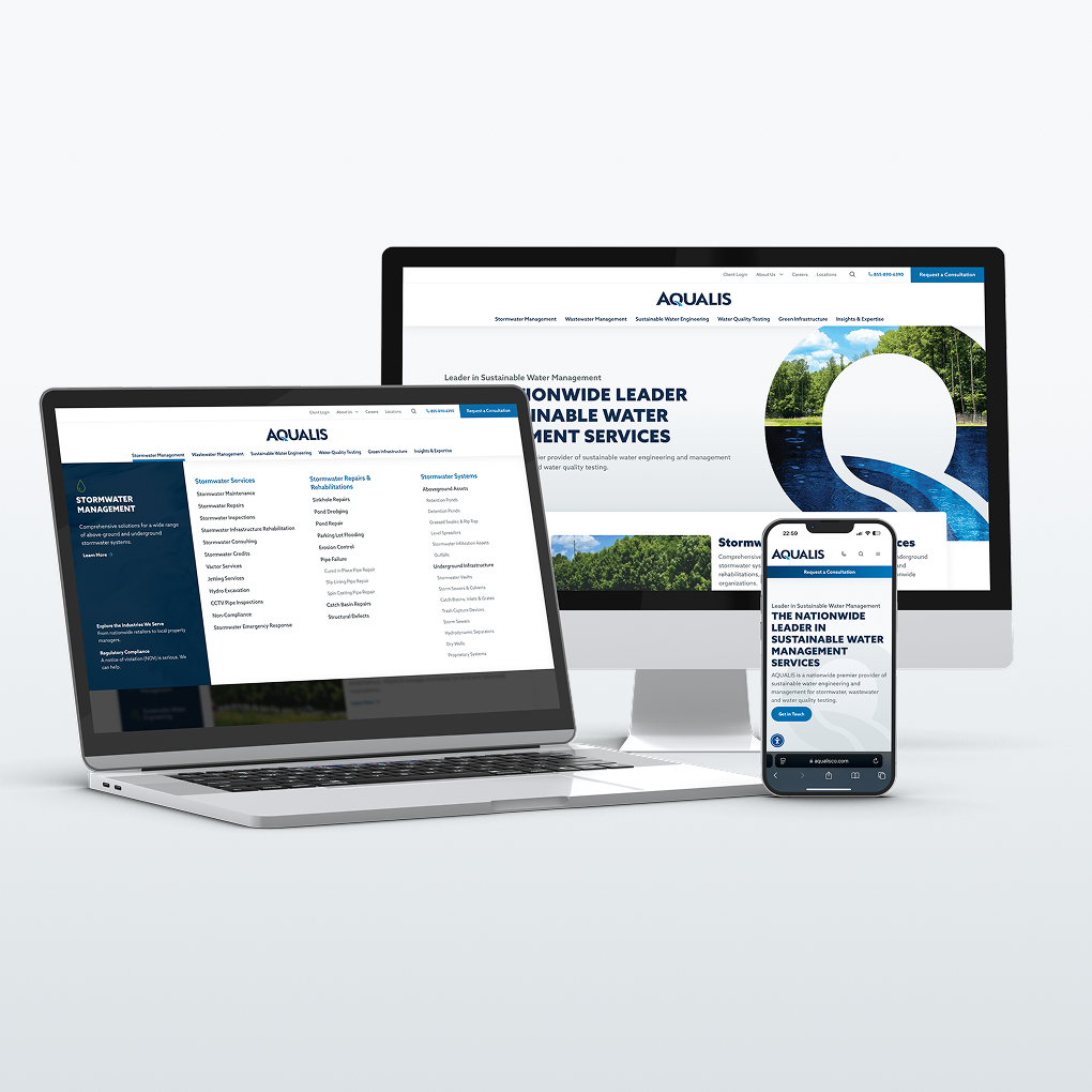 Bailey brand Consulting AQUALIS website redesign mockup on desktop and laptop and phone