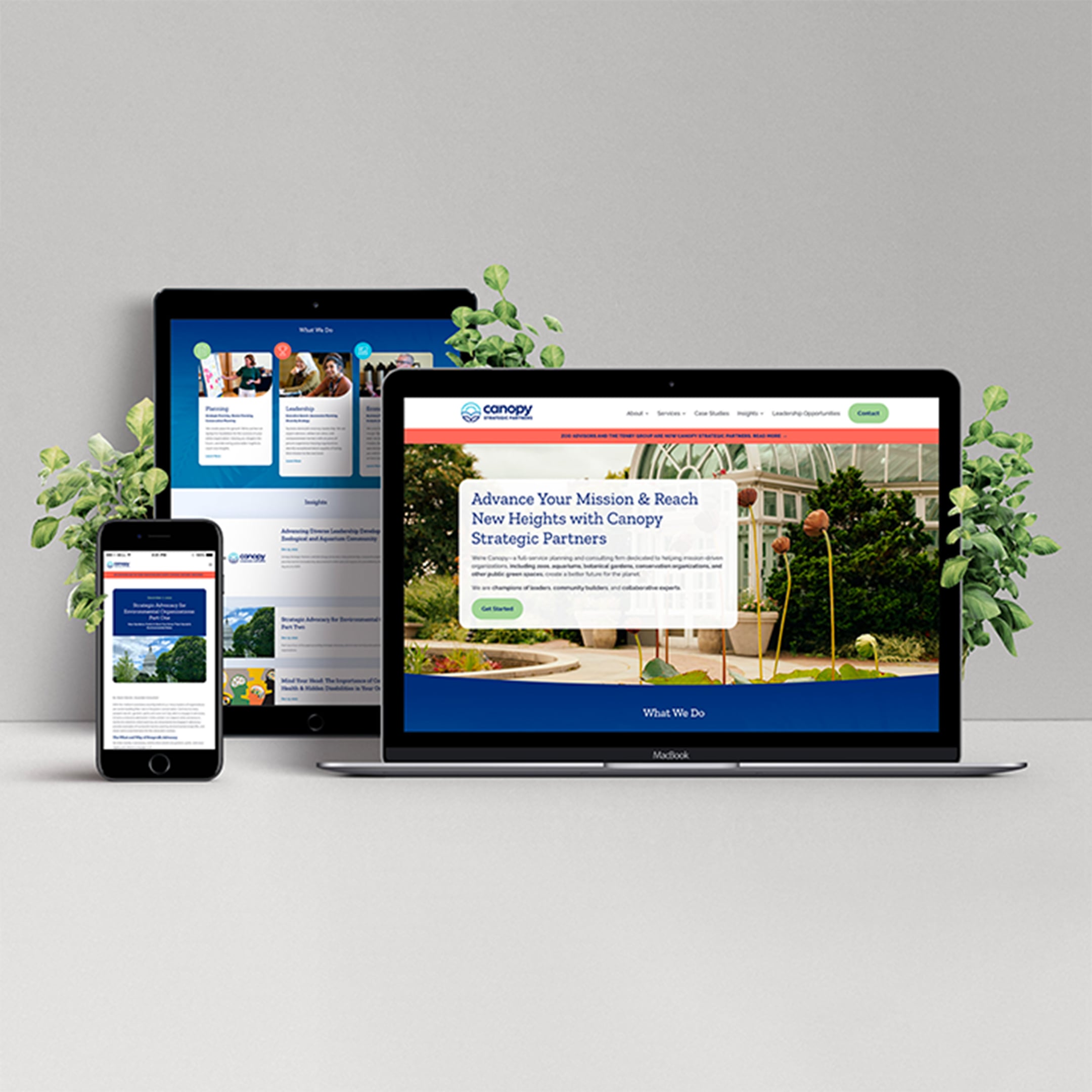 Canopy Strategic Partners Website redesign shown on 3 different devices over a gray background with leaves