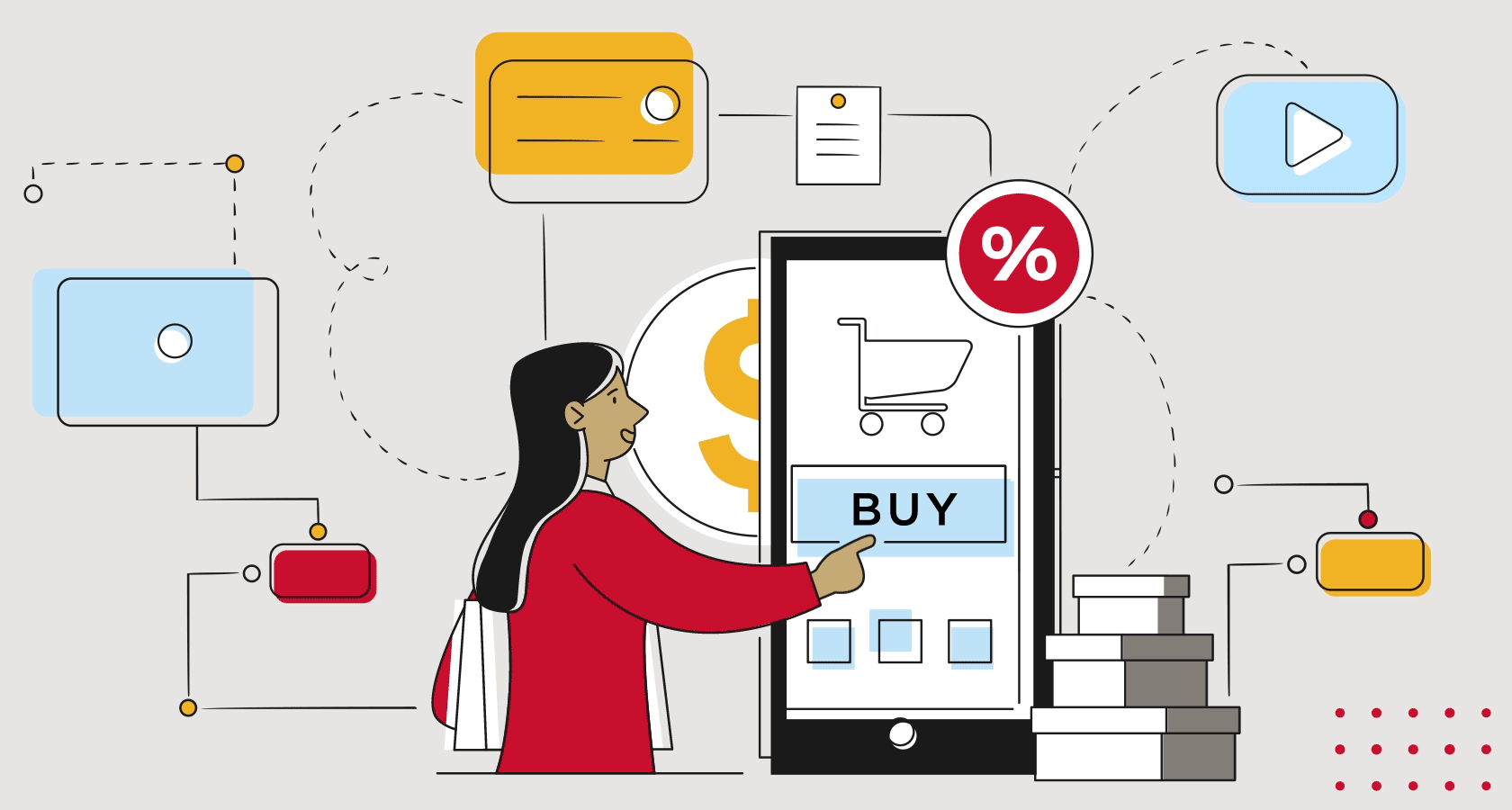 Bailey Brand Consulting B2B Digital Marketing - An illustration of a person tapping the "buy" button on a mobile device with lines connecting different graphics to the center mobile device drawing