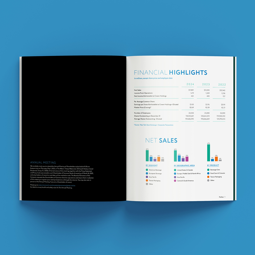 Bailey Brand Consulting Crown Holdings Annual Report 2024 Interior Spread Photo