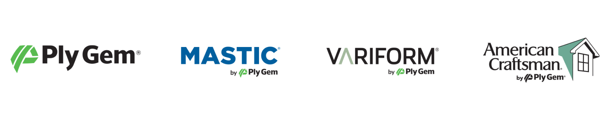 Logos for Ply Gem Brands: Ply Gem, Mastic by Ply Gem, Variform by Ply Gem, and American Craftsman by Ply Gem